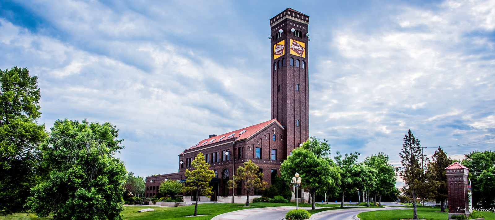 The tower depicted in the image is part of the Chicago, Milwaukee and St. Paul Passenger Depot located in Great Falls, Montana.